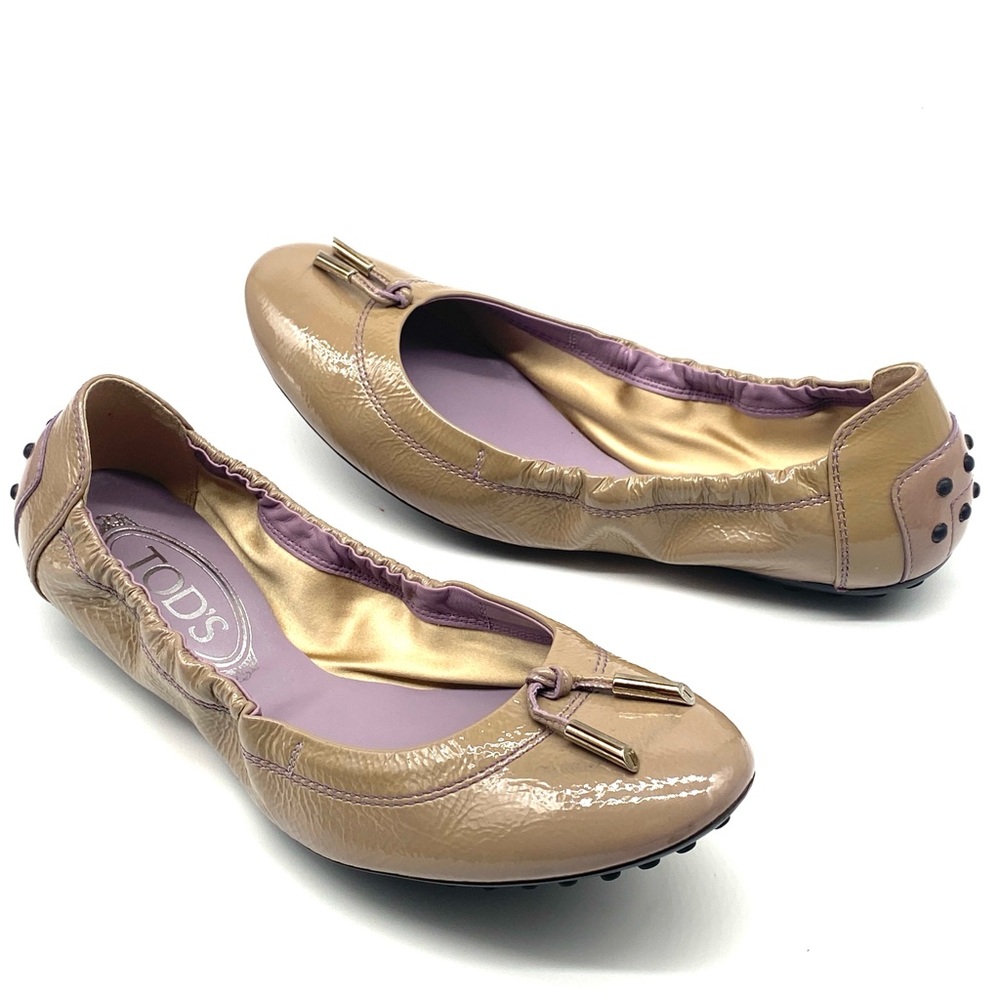 TOD’s CREAM BEIGE NUDE PATENT LEATHER SLIP ON SCRUNCHIE BALLET FLAT SHOES 37.5
